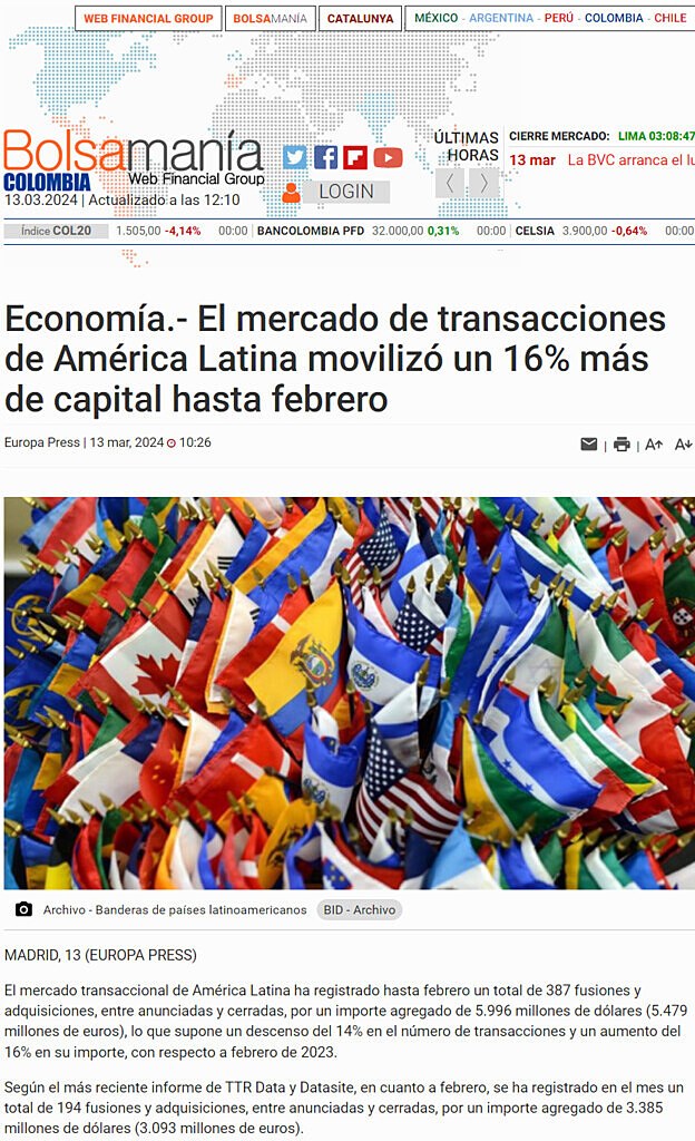 Economa.- El mercado de transacciones de Amrica Latina moviliz un 16% ms de capital hasta febrero